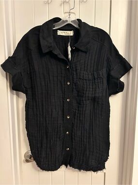 NWT We the Free Cotton Gauze Button Down Oversized Short Sleeve Top Black Med